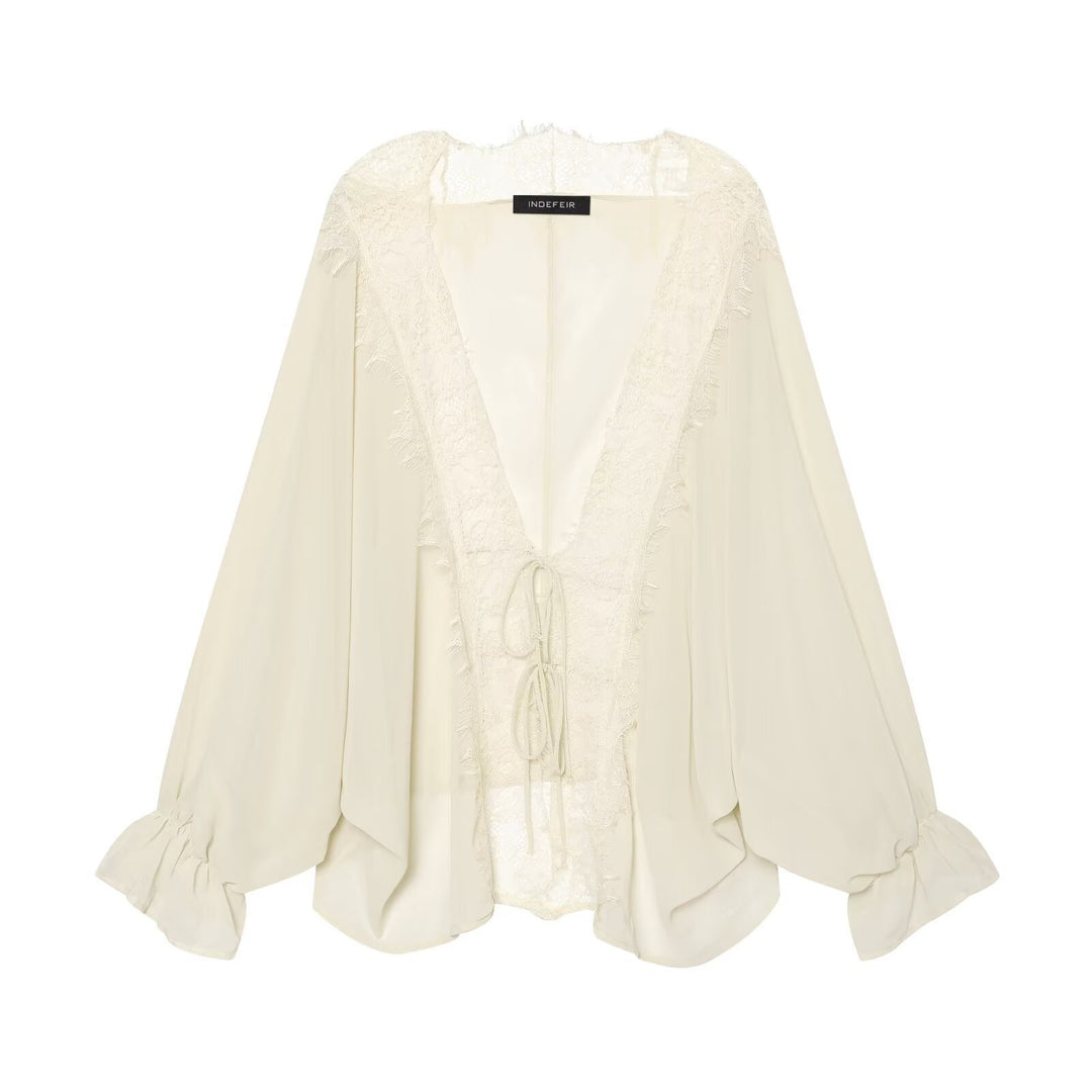 Damen Kaftan-Bluse mit Spitzenkante, Bindeband und Ballonärmeln Drune