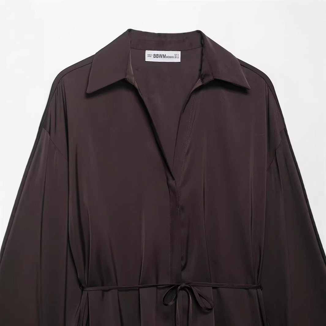 Damen nan seidenähnliche Hemdbluse mit Tunnelzug tailliertem Bindegürtel und überschnittener Schulter Drune