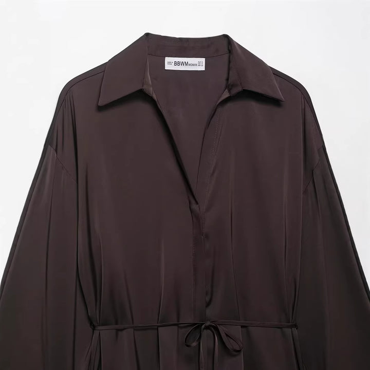 Damen nan seidenähnliche Hemdbluse mit Tunnelzug tailliertem Bindegürtel und überschnittener Schulter Drune