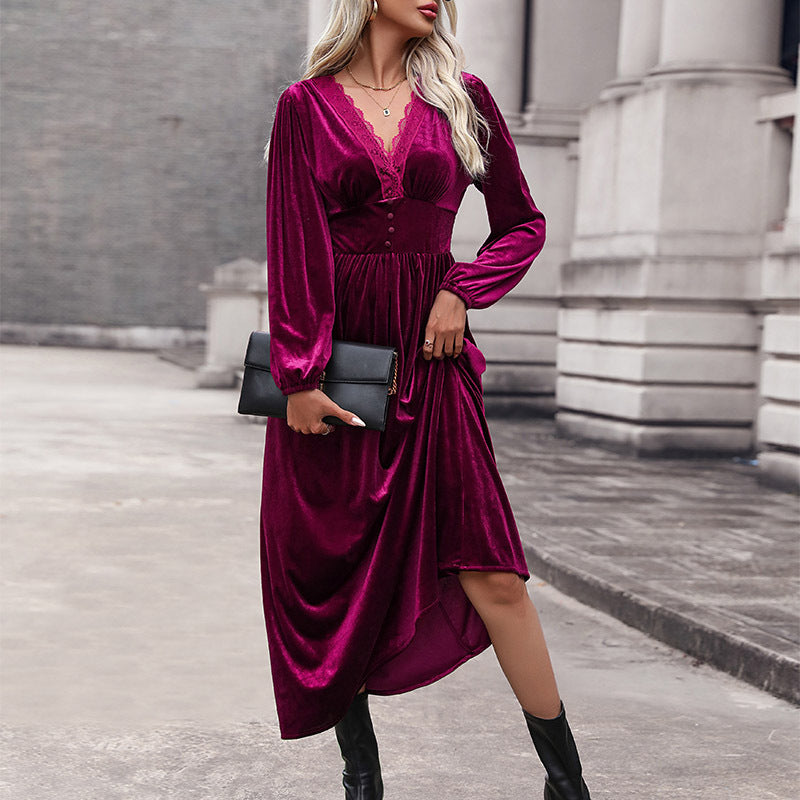 Damen Midikleid mit V-Ausschnitt und Rüschen Drune