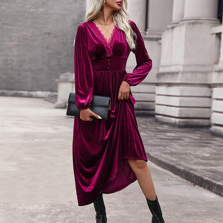 Damen Midikleid mit V-Ausschnitt und Rüschen Drune