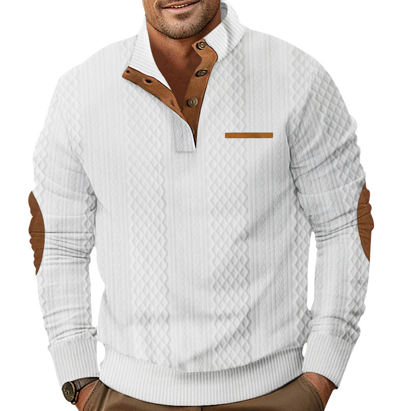 Herren Strukturiertes Kabelstrick-Sweatshirt mit Halbknopfblende, Kunstleder‑Patchtasche & Ellbogenpatches Drune