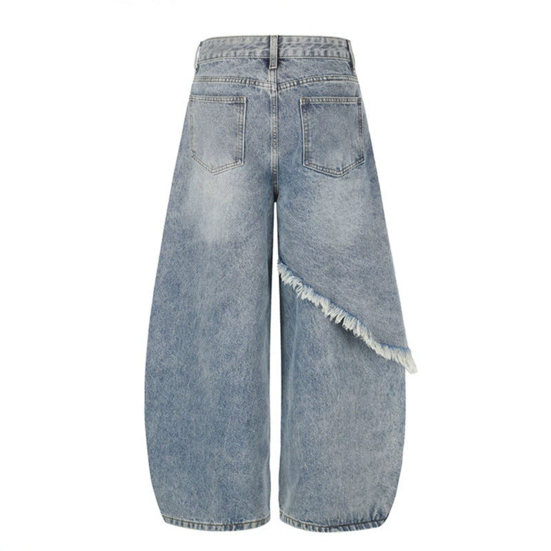 Damen High‑Waist weite Palazzo-Jeans mit asymmetrischem Fransen-Detail und Strassapplikation Drune