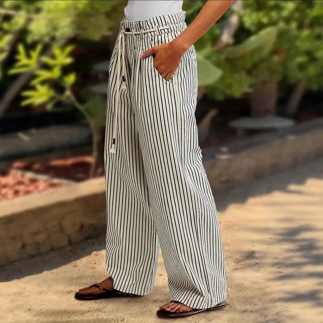 Damen Leichte Leinenoptik Palazzo‑Hose mit Gummibund, Kordelzug und senkrechtem Streifenmuster Drune