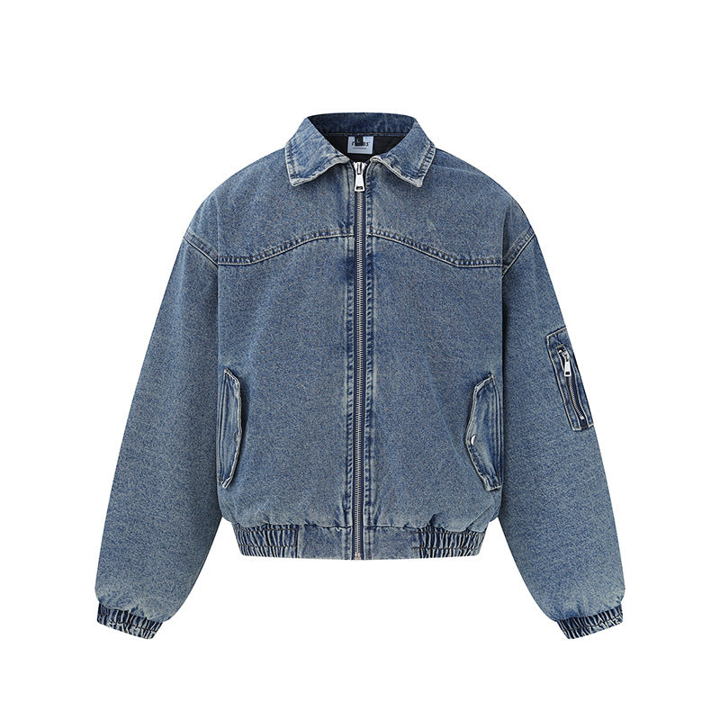 Unisex Boxy Denim‑Blousonjacke mit durchgehendem Reißverschluss, elastischem Saum und Ärmelutilitytasche Drune