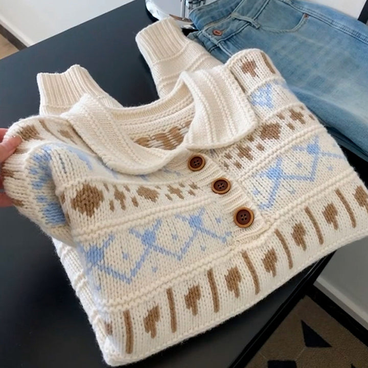 Damen Grobstrickpullover mit liebevollem Grafikumfang und romantischem Kragen Drune