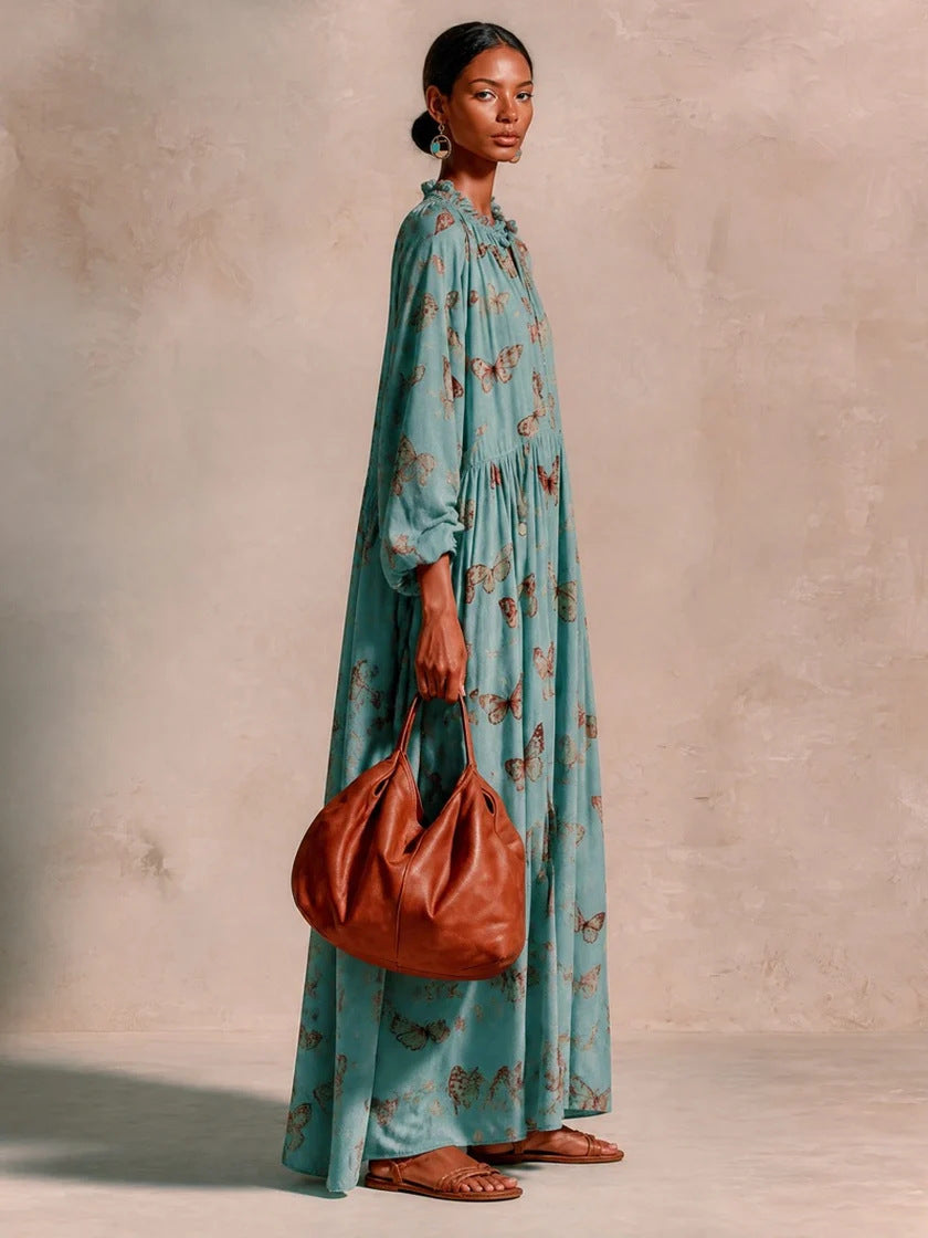 Damen Maxikleid im Boho-Caftan-Stil mit Schmetterlingsprint und geraffter Empire‑Taillen Drune