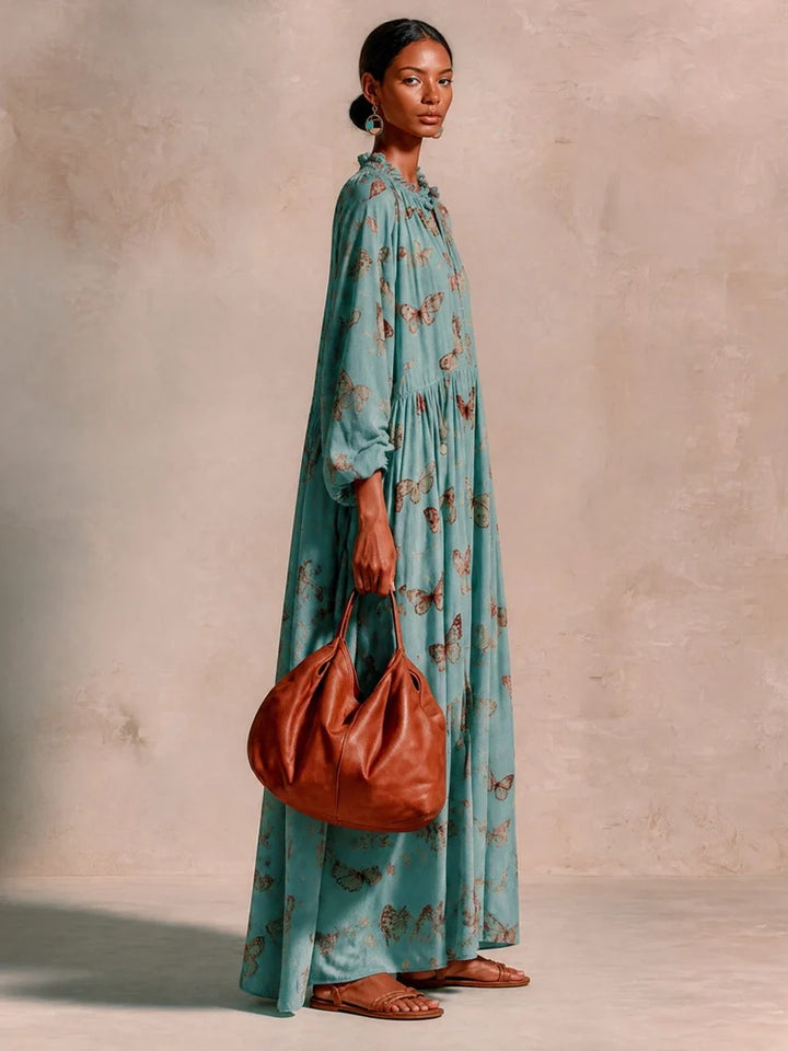Damen Maxikleid im Boho-Caftan-Stil mit Schmetterlingsprint und geraffter Empire‑Taillen Drune