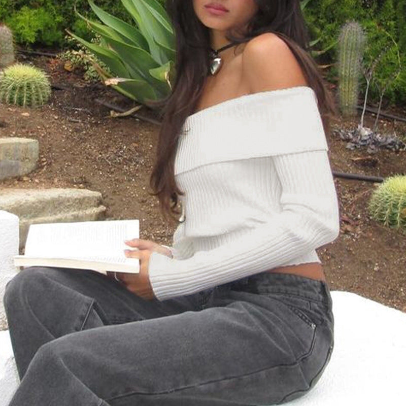 Damen Schulterfreies Rippstrick-Cropped-Top mit taillierter Passform und langen Ärmeln Drune
