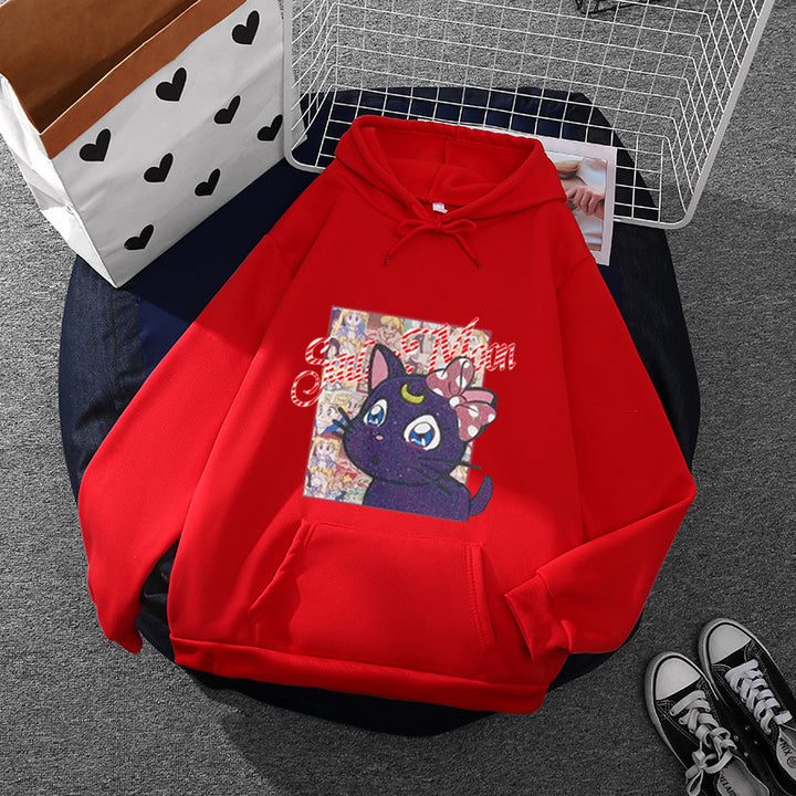 Damen nan Oversize-Kapuzenpullover mit glitzerndem Anime-Katzen-Motiv, Kängurutasche und weichem Fleece-Innenfutter Drune