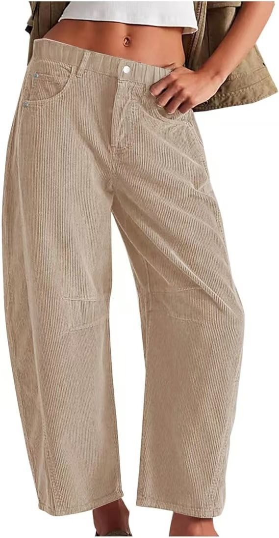 Damen Weite Cordhose mit hoher Taille, Cropped-Bein und Eingriffstaschen Drune