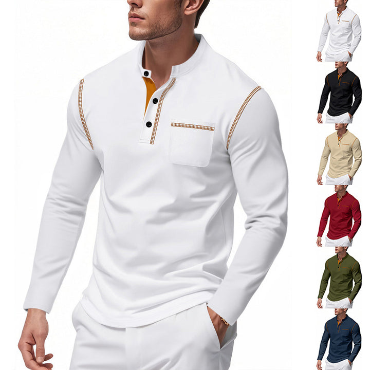 Herren nan Henley-Langarmshirt mit Stehkragen, Brusttasche und kontrastierenden Ziernähten Drune