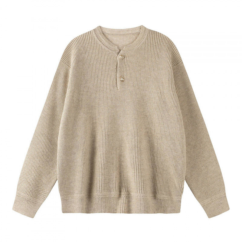 Unisex Boxy-Strickpullover mit Henley-Ausschnitt und strukturierter Waffelstrickoptik Drune