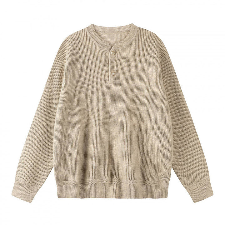 Unisex Boxy-Strickpullover mit Henley-Ausschnitt und strukturierter Waffelstrickoptik Drune