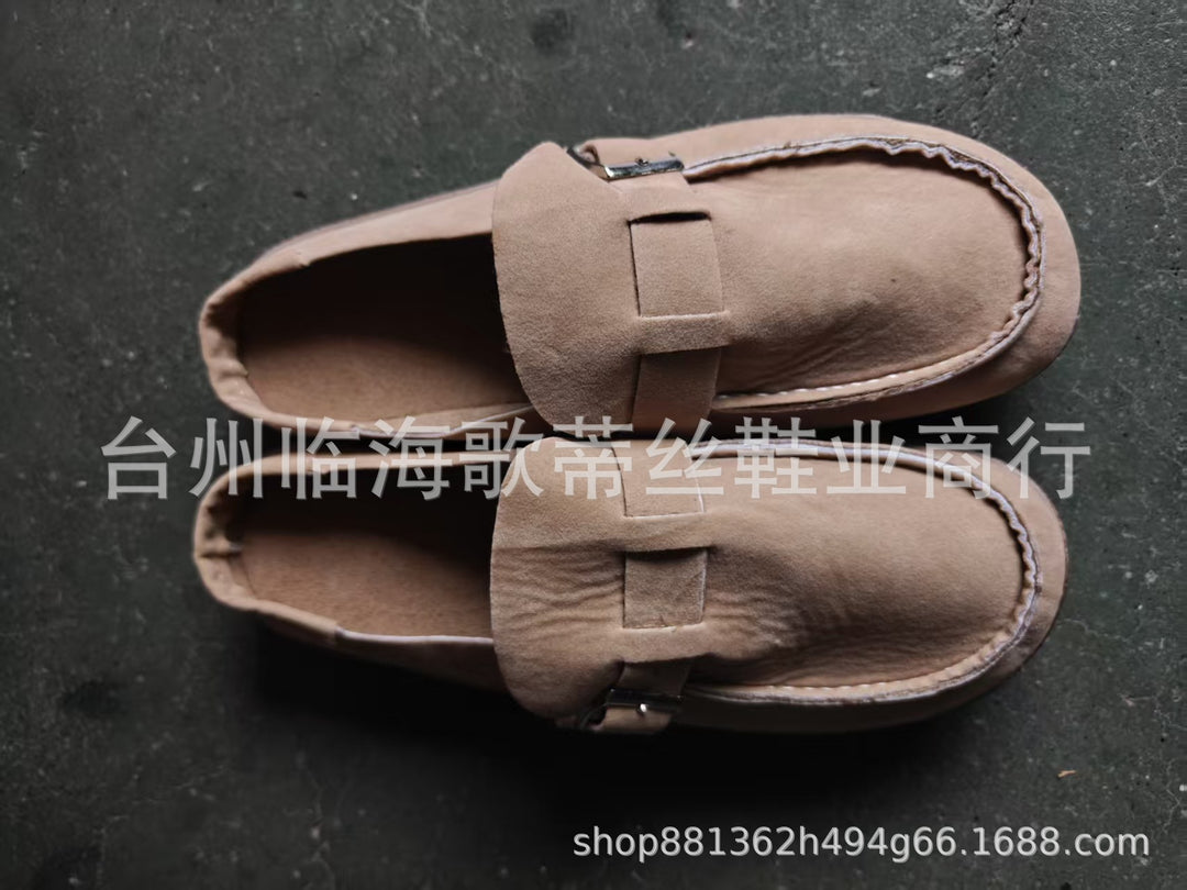 Damen Veloursleder-Mules mit Korkoptik-Sohle und verstellbarer Schnallenlasche Drune