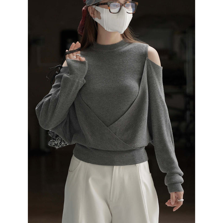 Damen Schulterfreier Feinstrick-Pullover mit asymmetrischem Wickeldetail Drune