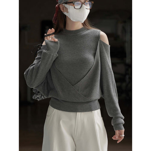Damen Schulterfreier Feinstrick-Pullover mit asymmetrischem Wickeldetail Drune