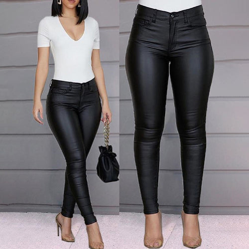 Damen figurbetonte High‑Waist Kunstlederhose im Skinny‑Cut mit Five‑Pocket Drune