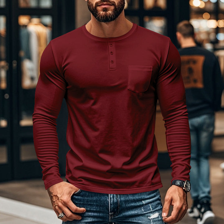 Herren nan figurbetontes Henley-Langarmshirt mit Brusttasche und feinem Stretchjersey Drune