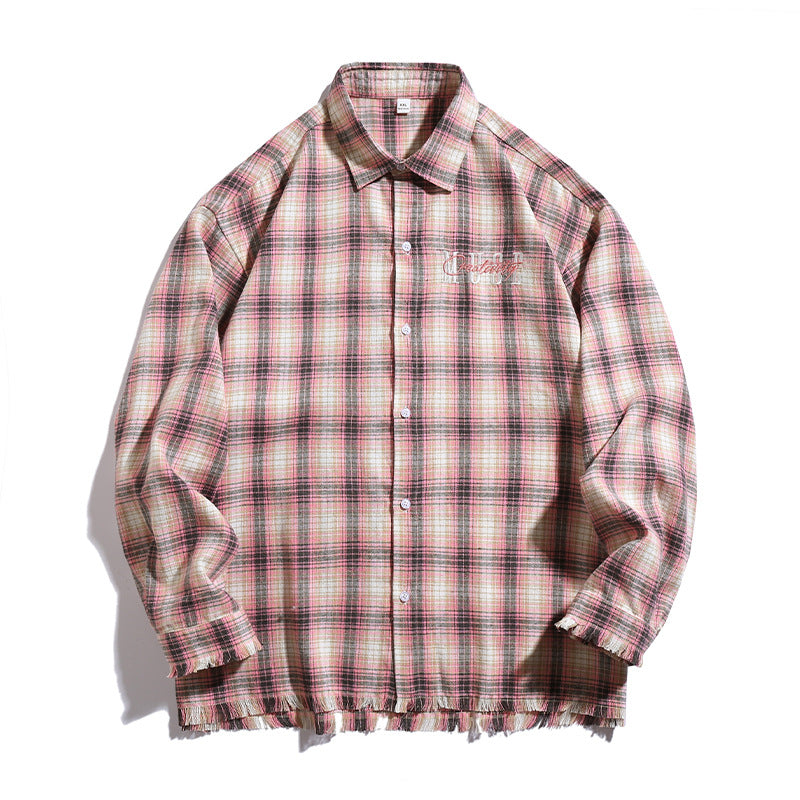 Unisex Overshirt im Karo-Look mit fransigem Saum, Bruststickerei und Knopfleiste Drune
