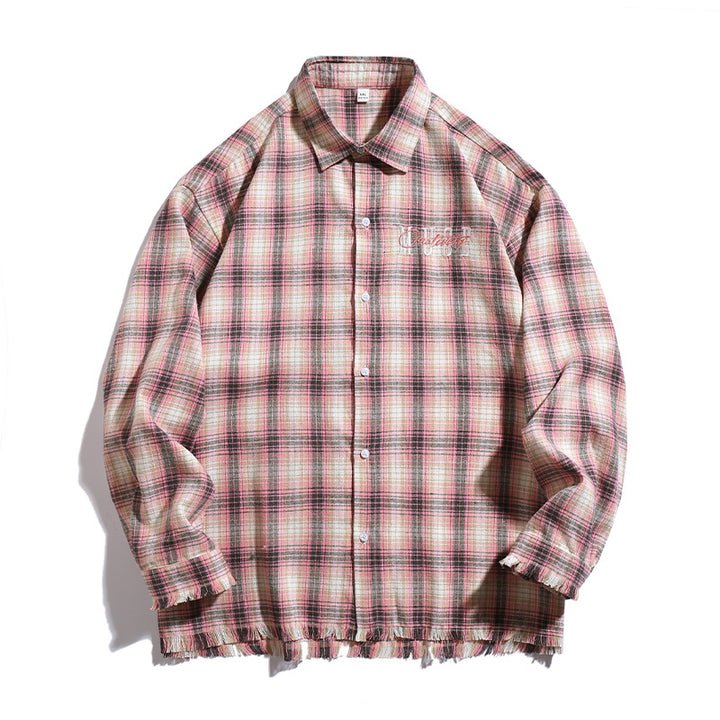 Unisex Overshirt im Karo-Look mit fransigem Saum, Bruststickerei und Knopfleiste Drune