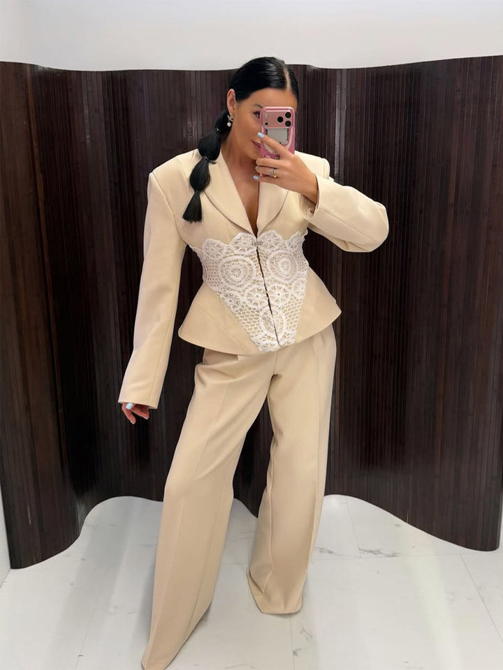 Damen Zweiteiliges Anzugset mit tailliertem Blazer, Spitzen‑Corsage und weiter Palazzohose Drune