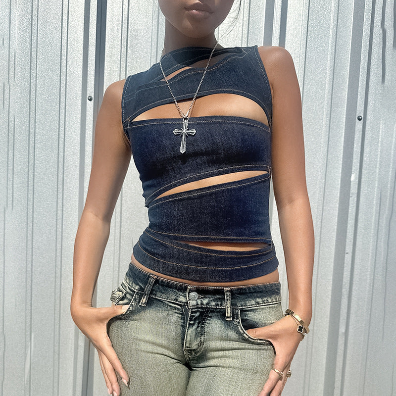 Damen figurbetontes Denim-Top mit asymmetrischen Cut-Outs und stylischem Design Drune