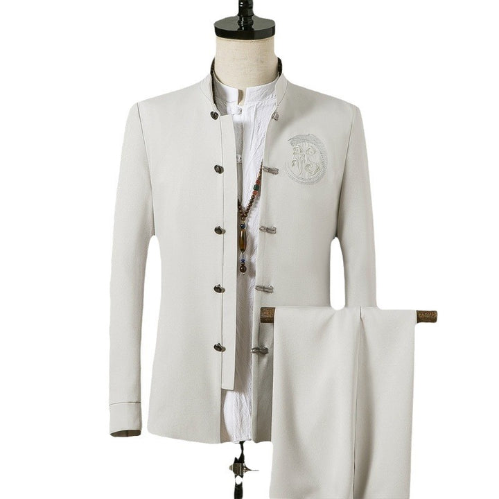Herren nan asiatisch inspirierte Mandarinjacke mit Stehkragen, Knotenknopfleiste und tonalem Stick-Emblem Drune