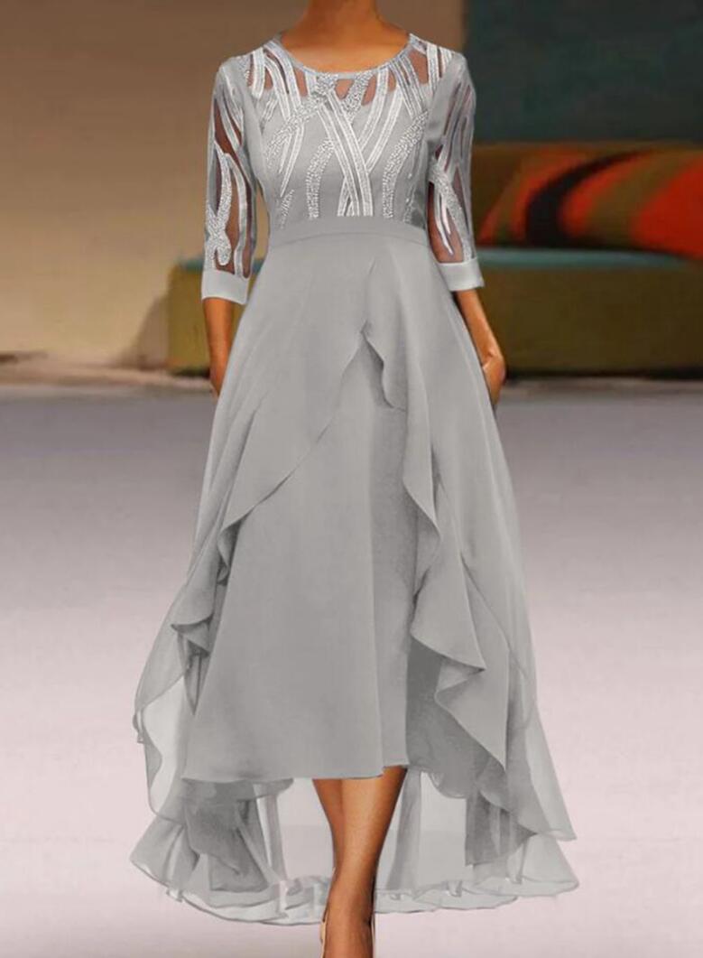 Damen nan edles Chiffon-Abendkleid mit besticktem Tülloberteil, Dreiviertelärmeln und asymmetrischem Stufen-Saum Drune