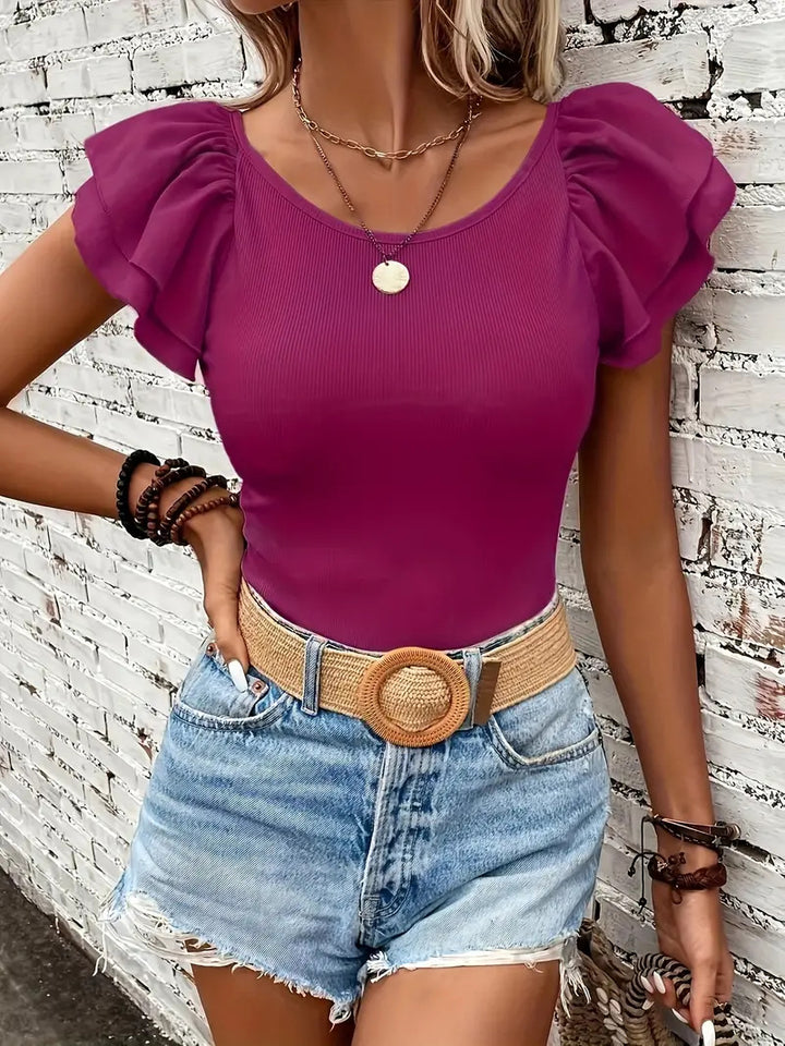 Damen Rippstrickoberteil mit Volants Drune