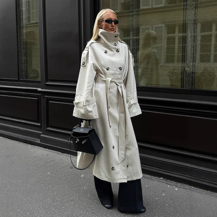 Damen eleganter Mantel mit hohem Kragen und taillierbarem Gürtel Drune