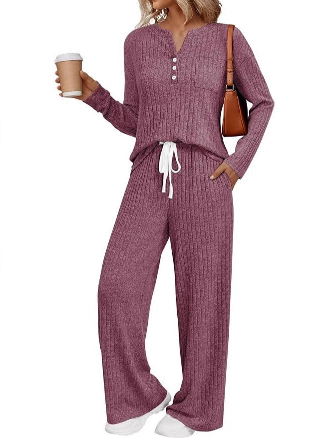 Damen Rippstrick-Lounge-Set mit Knopfleiste und weitem Kordelbund-Hose Drune
