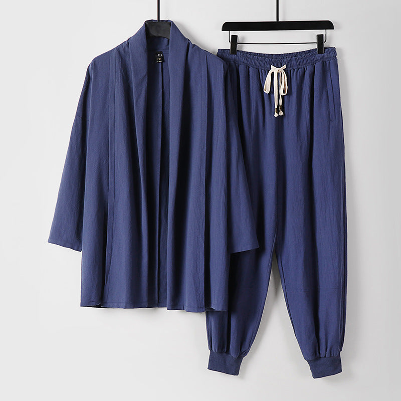 Unisex Luftiges Freizeit-Set im Kimono-Stil mit Schalkragenjacke und konisch zulaufender Joggerhose Drune