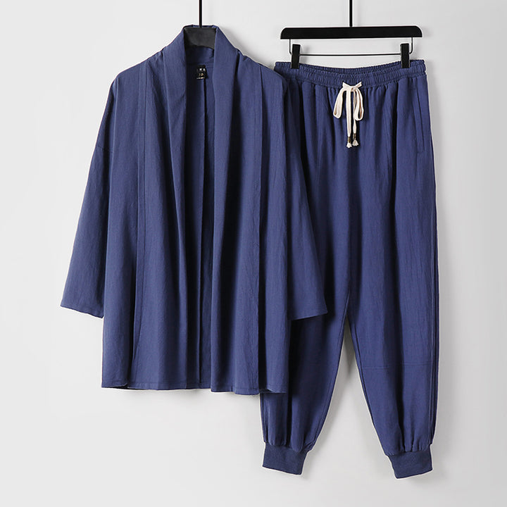 Unisex Luftiges Freizeit-Set im Kimono-Stil mit Schalkragenjacke und konisch zulaufender Joggerhose Drune