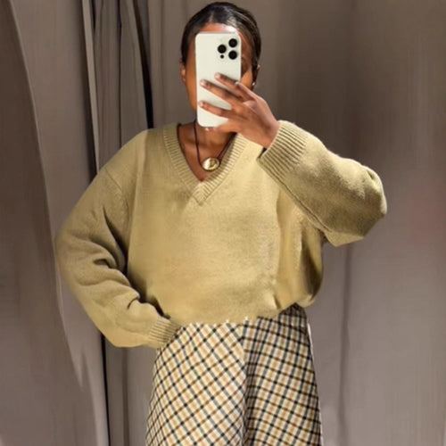 Damen Oversized V-Ausschnitt Strickpullover mit geripptem Saum Drune