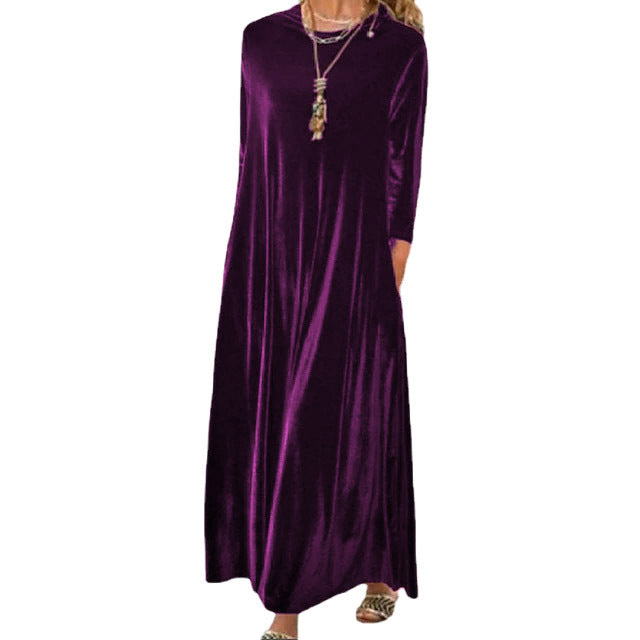 Damen Langes samtiges Maxikleid mit Rundhalsausschnitt, halblangen Ärmeln und seitlichen Taschen Drune