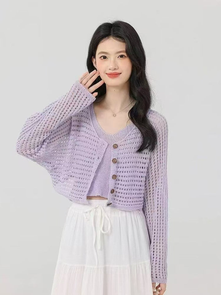 Damen lässige Strickjacke mit Netzmuster und Knopfverschluss Drune