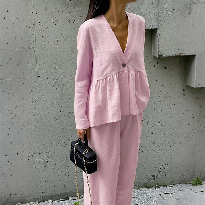 Damen nan legeres Leinenmix-Zweiteiler mit V-Ausschnitt Peplum-Bluse, Einknopfleiste und weitem Palazzo-Hosenbein Drune