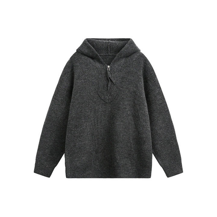 Damen Oversize-Strickpullover mit halbem Reißverschluss und Kapuzenkragen Drune