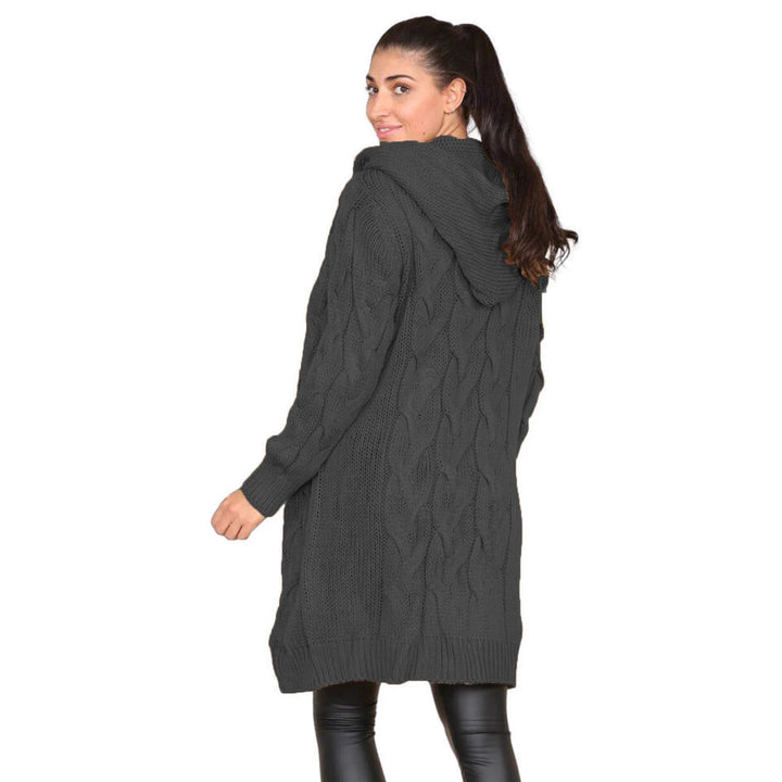 Damen Grobstrick Hoodie-Mantel mit Zopfdesign und tiefen Taschen Drune
