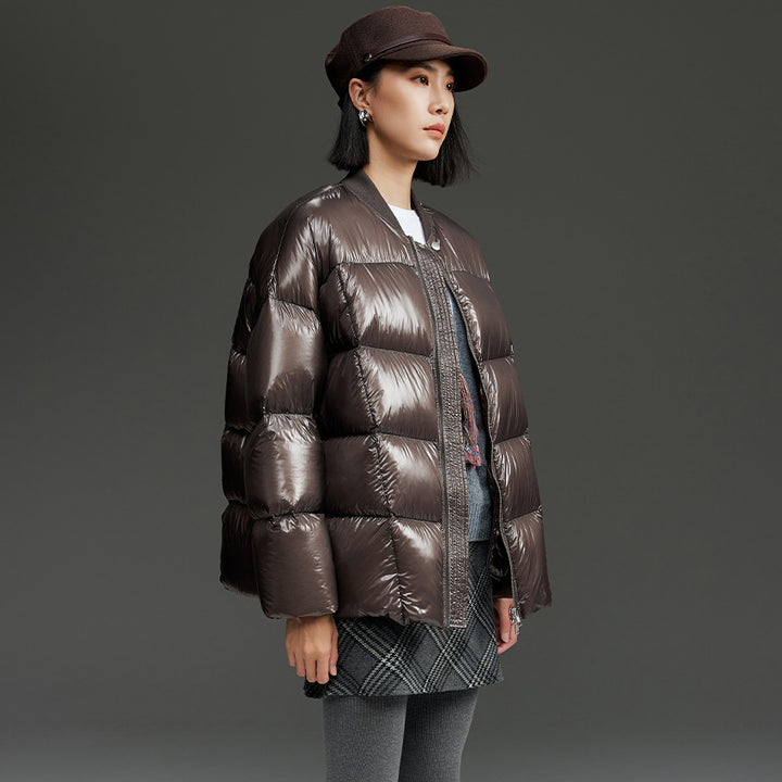 Damen Kurze gestepptte Daunenjacke mit glänzender Shell und Boxy-Silhouette Drune