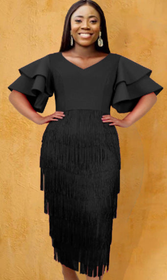 Damen Fransen Maxikleid mit voluminösen Rüschensäumen Drune