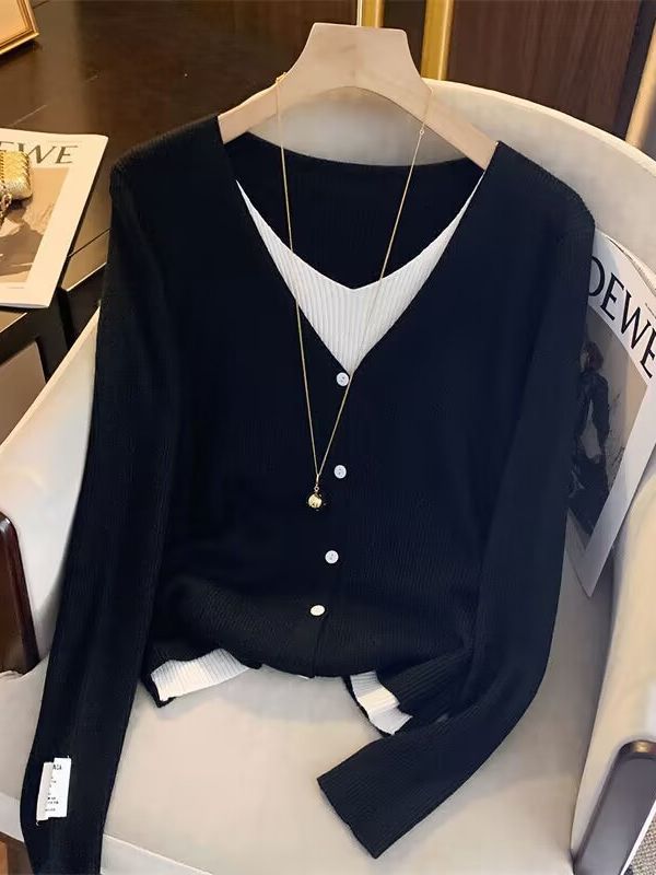 Damen lässige Strickjacke mit tiefem V-Ausschnitt und feiner Struktur Drune