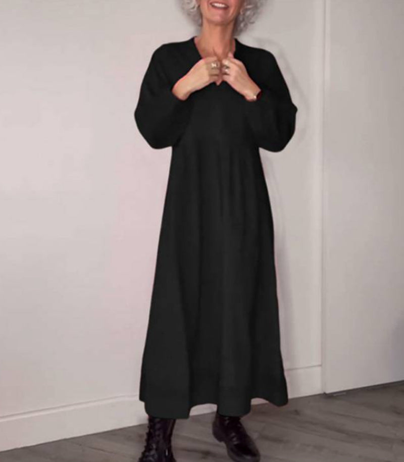 Damen Freizeit Viskose Maxi Kleid mit V-Ausschnitt, Taillennaht und Ballonärmeln Drune