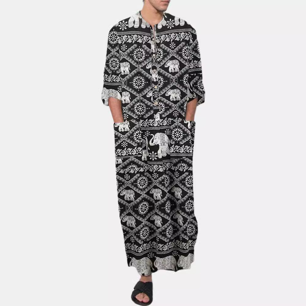 Damen nan Ethno-Maxikleid mit Stehkragen, kurzer Knopfleiste, überschnittenen Ärmeln und A-Linien-Schnitt Drune