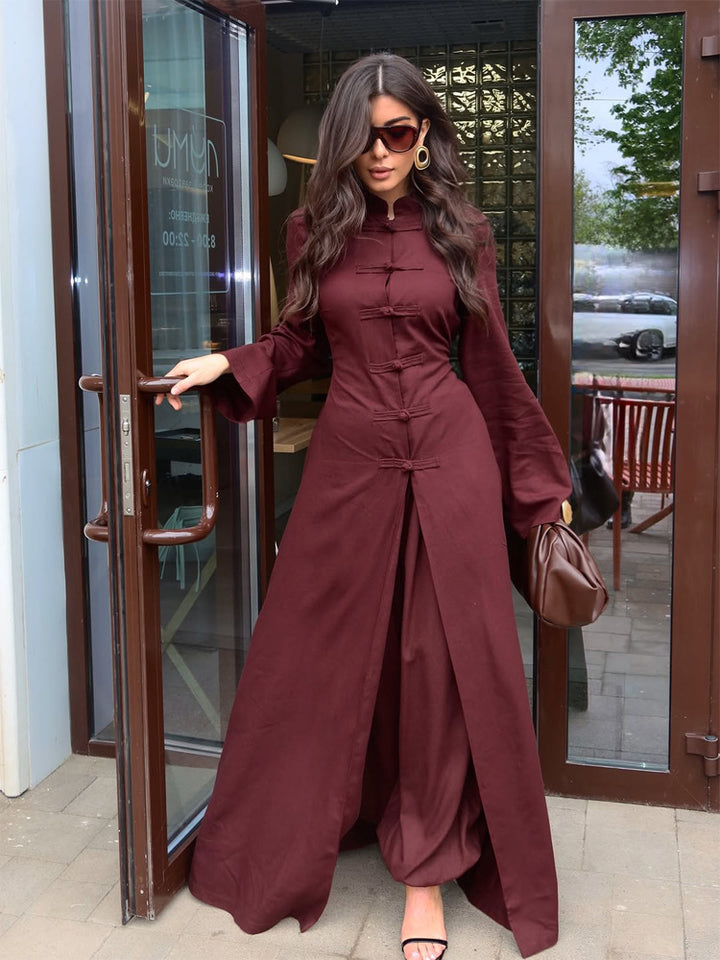 Damen Maxikleid mit Stehkragen, Mandarin-Knopfleiste und drapierter Rockpartie Drune