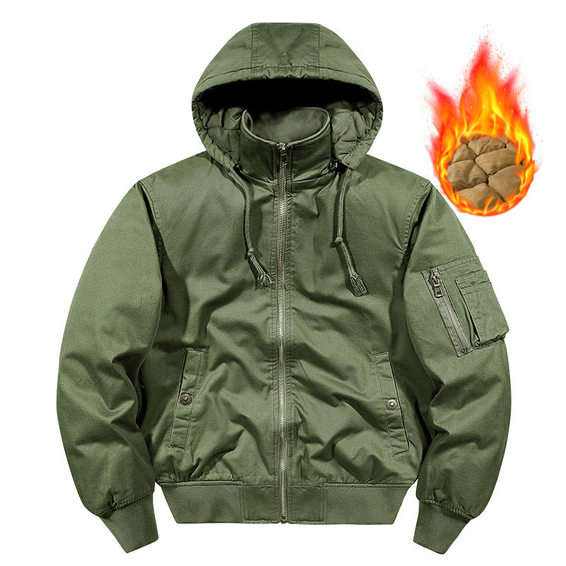 Herren Gefütterte Bomberjacke mit Kapuze und Thermoisolierung, Ärmel‑Utilitytasche Drune
