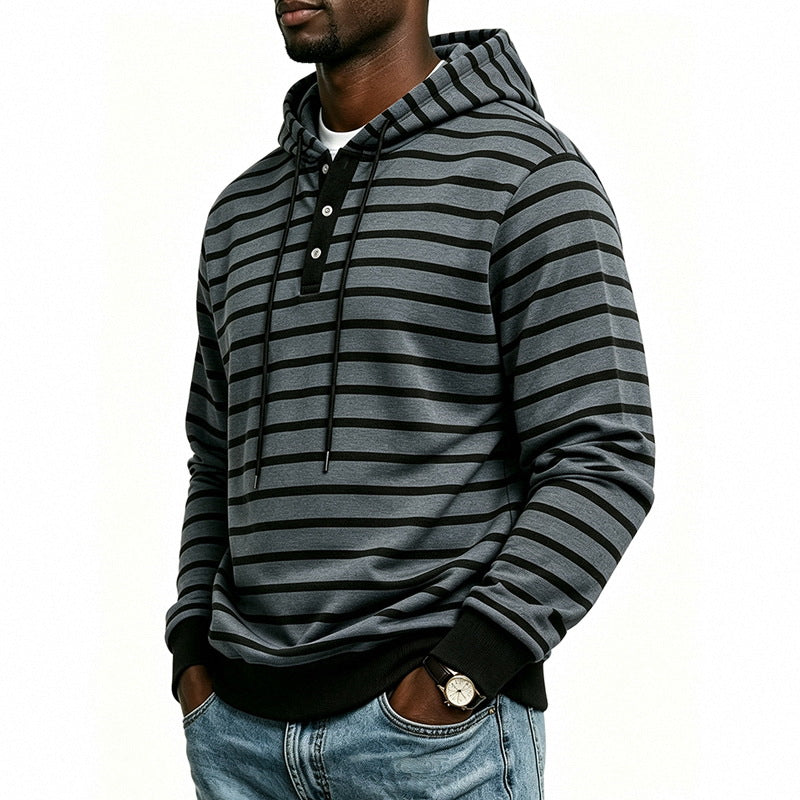 Herren Kapuzenpullover mit Henley-Knopfleiste und feinem Streifenstrukturmuster Drune