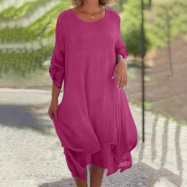 Damen nan weites Musselin-Midikleid mit rundem Halsausschnitt, krempelbaren halblangen Ärmeln und mehrlagigem Stufenrock Drune