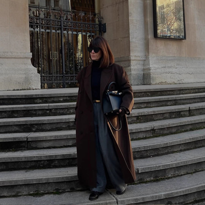 Damen Oversize Wollmix-Mantel mit verlängertem Cocoon-Schnitt und Doppelreihe Drune